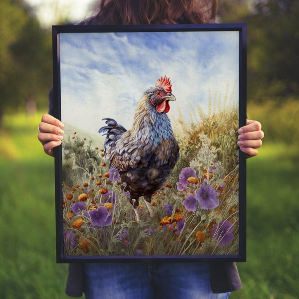 Beautiful chicken art decor gift for him Colorful chicken art print Farm animal giclee wall art print