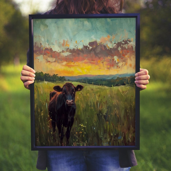 Printable cow oil wall decor gift for her Cow lover art print gift Digital cow wedding gift Instant cow wall art