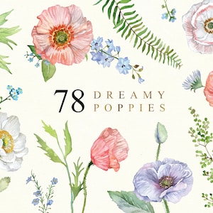 Elementos digitais DIY Shirley Poppies Flores silvestres Aquarela Borboletas Clipart Flores azuis Arte botânica para convites de papelaria de casamento