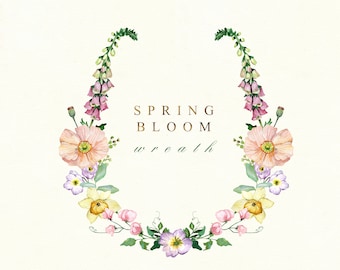 Watercolor Spring Floral wreath png - Bright spring summer frame - Wreath for wedding invite card logo - Digital clipart PNG