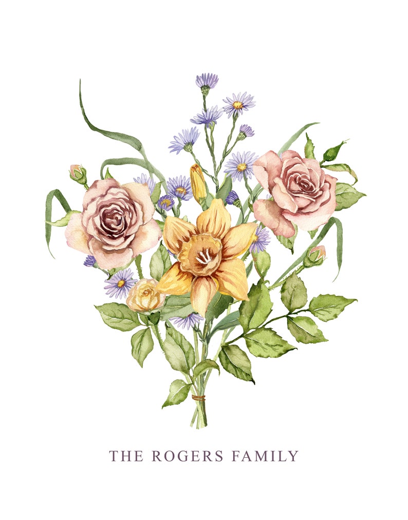 Birth Flower Family Bouquet Custom Digital Print Personalized Gift Mother's Day Antique Home art Grandmother gift Floral Family portrait image 10
