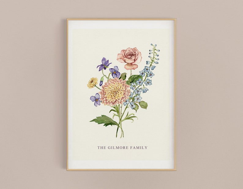 Birth Flower Family Bouquet Custom Digital Print Personalized Gift Mother's Day Antique Home art Grandmother gift Floral Family portrait image 1