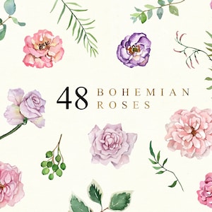 Elementi digitali di rose fai da te Acquerello Clipart Boho Fiori Arte botanica per cancelleria di nozze invita inviti per feste design floreale
