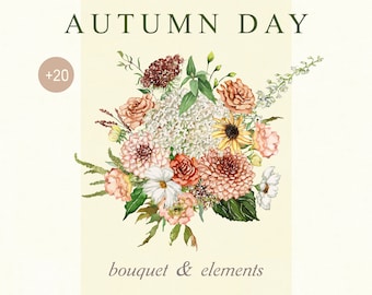 Digital DIY Fall elements Watercolor Clipart Flowers Botanical Art for Wedding Stationery Floral invites Roses Dahlia Party Invitations Mums