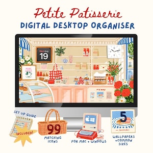 Puede incluir: Un organizador de escritorio digital titulado Petite Patisserie con una ilustración de una pastelería en una pantalla de ordenador. Incluye guía de configuración, 99 iconos a juego, un gráfico de ordenador vintage y 5 fondos de pantalla para Mac y Windows.