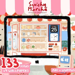 May include: A digital desktop organizer set featuring the text Squishy Marche, 133 icons, and 4 wallpapers. The interface displays a shelf-like layout with various app icons, a calendar showing Friday September 25, and a clock for Mac and Windows.