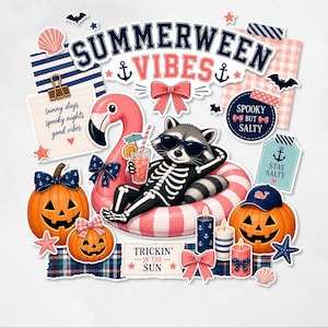 Op de afbeelding: Digitale clipart met een wasbeer met zonnebril en een skeletlichaam, ontspannen op een zwemband. Inclusief pompoenen, een flamingo en tekst met de tekst "Summerween Vibes", "Spooky but Salty" en "Trickin' in the Sun".