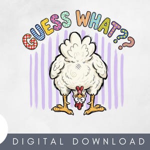 Könnte beinhalten: Eine humorvolle digitale Illustration eines Huhns mit dem Kopf nach unten, das seinen Hintern zeigt. Der Text "GUESS WHAT??" steht in bunten, gemusterten Buchstaben über dem Huhn. Der Hintergrund hat violette vertikale Streifen.
