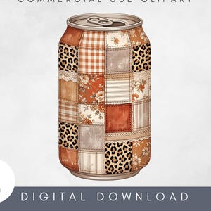 Puede incluir: Ilustración digital de una lata de refresco con un diseño de patchwork. La lata presenta varios patrones, incluyendo estampado de leopardo, floral y cuadros, en tonos marrón, naranja y crema. El texto "COMMERCIAL USE CLIPART" y "DIGITAL DOWNLOAD" son visibles.