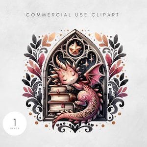 May include: A watercolor illustration of a sleeping dragon resting on a stack of books within a gothic window frame. The dragon is pink with gold accents, and the window is surrounded by floral elements. The image includes the text "COMMERCIAL USE CLIPART".