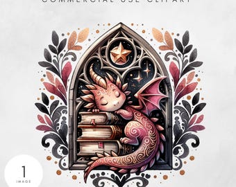 Diseño de sublimación PNG de dragón y libros, imágenes prediseñadas de fantasía para amantes de los libros, arte digital descargable para lectores: vidriera de dragón con libro.