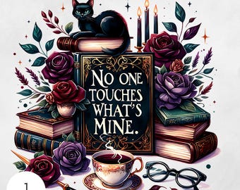 Romantasy Book Club png, Black Cat Book Stack png, bookish png, fantasy book reading png, romance book png, Book Lover Sublimation Design