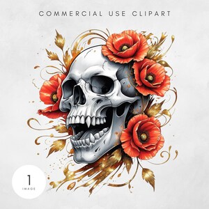 Sublimation florale de tête de mort fleurs et sublimation de squelette des cliparts numérique Design coquelicot tête de mort fichier en téléchargement numérique Dents de vampire fantasmagoriques