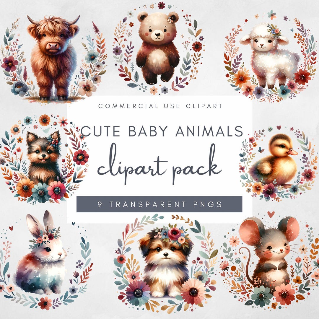 Baby Animals Clipart Bundle Boho Flower Watercolor Cute Animal Pngs for ...