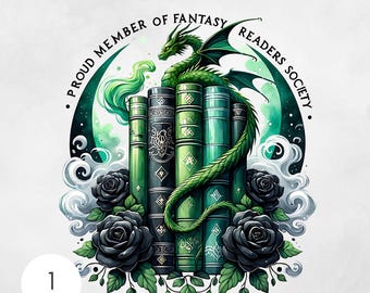 May include: A digital illustration featuring a green dragon perched atop a stack of green and black books. The text reads "PROUD MEMBER OF FANTASY READERS SOCIETY" and "COMMERCIAL USE CLIPART". Black roses and green foliage surround the books.