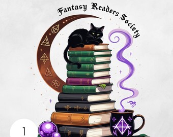 May include: Illustration of a black cat atop a stack of books, with a crescent moon and a mug. The text reads "Fantasy Readers Society". A purple vapor rises from the mug, and two purple orbs are at the base.