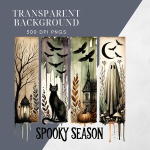May include: Watercolor illustrations for Halloween featuring a black cat, crows, a haunted house, a ghost, and a bare tree. The text reads "Transparent Background" and "Spooky Season".
