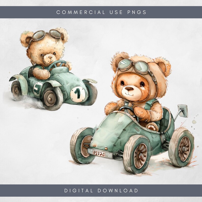 Cute Watercolor Teddy Bear Race Car PNG Green Race Car Clipart Instant ...