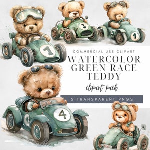 Schattig aquarel teddybeer raceauto PNG groene raceauto clipart Instant Download digitale kunst coureur graphics voor babyshower nodigt