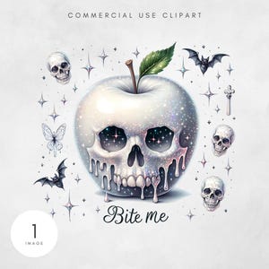 May include: A white apple with a skull face and dripping white icing. The apple is surrounded by stars, bats, butterflies, and skulls. The text "Bite me" is written below the apple.