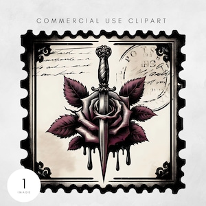 May include: A vintage-style stamp illustration featuring a dagger piercing a dark purple rose. The dagger has a detailed handle and a sharp blade. The rose is surrounded by dark purple leaves, with black drips. The stamp has the text "COMMERCIAL USE CLIPART".