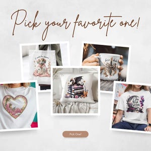 May include: An assortment of products, including a tote bag, mug, pillow, and t-shirts, each featuring unique designs. The tote bag has a dog illustration, the mug says "boss babe", the pillow has a dragon on books, and the t-shirts have graphic designs.