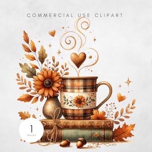May include: Watercolor illustration featuring a plaid coffee mug with steam shaped like a heart. A sunflower and fall leaves are arranged around the mug, resting on a stack of books. Acorns and decorative elements complete the autumn theme.