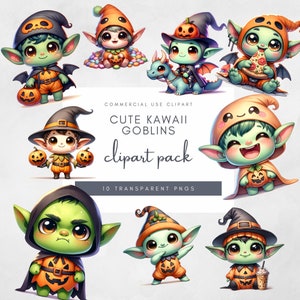 Niedliche Goblin PNG Kawaii Grüner Goblin Digitales Design für Kinder-Halloween-Party Einladungen Dekor Monster Clipart Gruselige Saison Sublimation