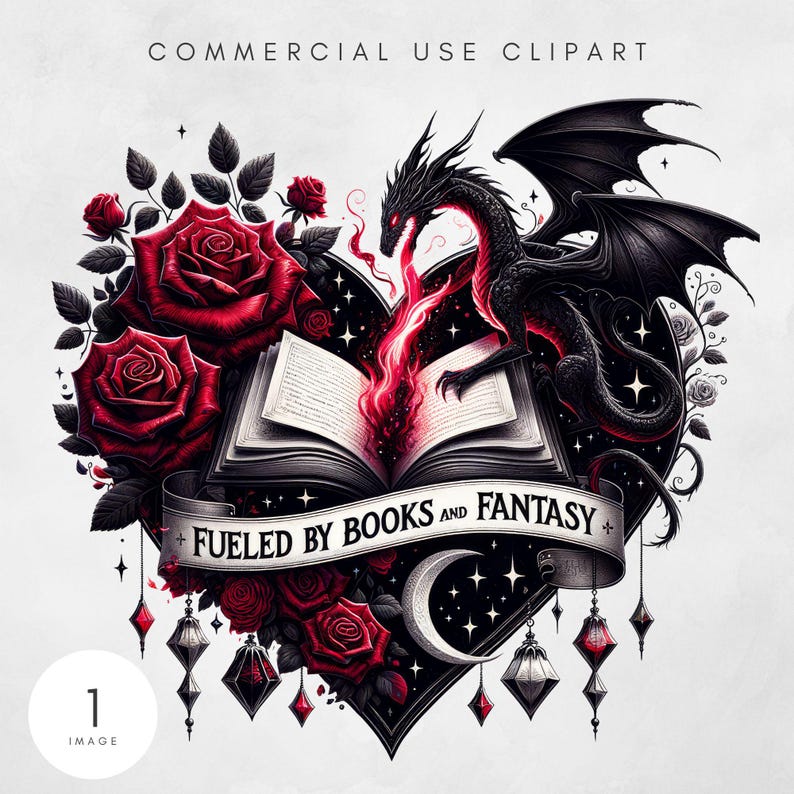 K&ouml;nnte beinhalten: Digitale Illustration eines schwarzen Drachen auf einem offenen Buch, mit roten Flammen und einem herzf&ouml;rmigen Hintergrund. Rote Rosen und der Text "FUELED BY BOOKS AND FANTASY" sind ebenfalls enthalten. Der Text "COMMERCIAL USE CLIPART" steht oben.
