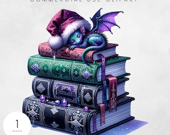 Fantasy Book Christmas Stack PNG Cute Book Dragon Festive Bookworm Design, Digital Art, Christmas Gift for Readers Santa Hat Reading PNG