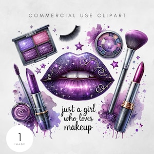 May include: Purple and silver makeup illustration with a lipstick, eyeshadow palette, eyeliner, makeup brush, and lipstick. The text "just a girl who loves makeup" is written in the center of the image.