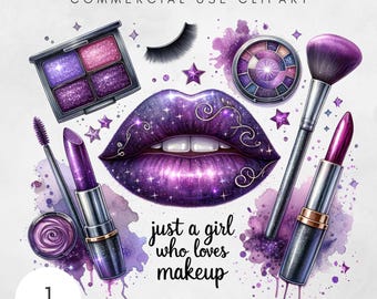 Puede incluir: Ilustración de maquillaje morado y plateado con un lápiz labial, una paleta de sombras de ojos, un delineador de ojos, un pincel de maquillaje y un lápiz labial. El texto "just a girl who loves makeup" está escrito en el centro de la imagen.