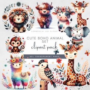 Boho Tiere Aquarell Clipart Bundle süsse Wand Kunst Kinderzimmer Dekor Baby Shower Einladung Grafik| Waldtiere PNG Dateien Digital Art