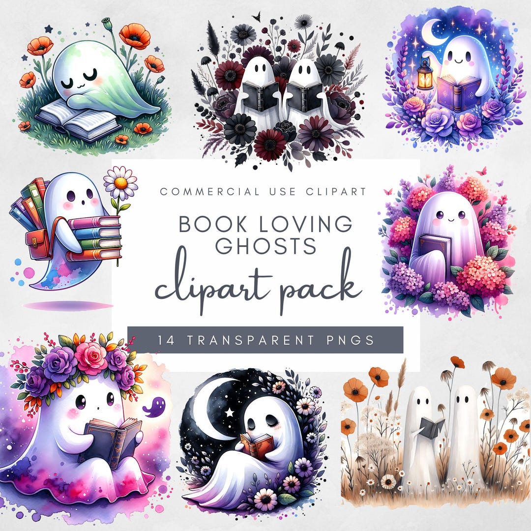 Vintage Ghost Halloween Clipart PNG Reading Books Art Cute Librarian ...