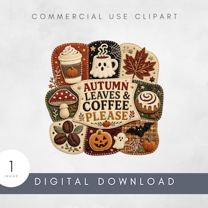Può includere: Un'illustrazione digitale con un banner centrale recante il testo AUTUMN LEAVES & COFFEE PLEASE circondato da icone in stile ricamo tra cui una tazza di caffè, una tazza fantasma, una foglia d'acero, un fungo, una girella alla cannella, chicchi di caffè, una zucca e un pipistrello.