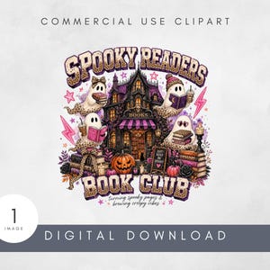 May include: A digital graphic featuring a haunted bookstore with purple and black accents, surrounded by four ghosts with leopard print details. The text reads SPOOKY READERS BOOK CLUB, turning spooky pages & brewing creepy vibes, with books, a pumpkin, and pink lightning bolts.