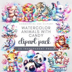 Candy-Themen-Tier PNG Clipart Helle und lustige Bilder Transparenter Hintergrund Aquarell Süß Zootiere Clipart-Pack Süß Süß Grafiken