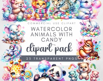 Candy-themed animal PNG Clipart Bright and Fun images Transparent background Watercolor Sweet Zoo Animals Clipart Pack Cute Sweet Graphics