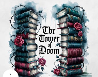 TBR PNG Pegatinas digitales modernas para amantes de los libros Arte divertido para lectores Pila de libros Descarga Diseño de sublimación Amantes de los libros Romance oscuro Torre de libros PNG