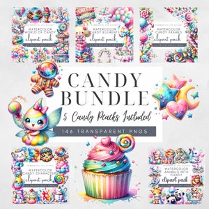 Candy-Themen-Elemente Bundle PNG Clipart Helle und Spaß Bilder Transparenter Hintergrund Aquarell Süße Süßigkeits-Party Sweet Clipart-Vorteile-Paket