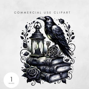 May include: A black raven perched on a stack of old books with a lantern and a key. The raven is facing the right side of the image. The books are stacked on top of each other and have a worn, vintage look. The lantern is lit and has a candle inside. The key is hanging from the lantern. The background is a light gray color.