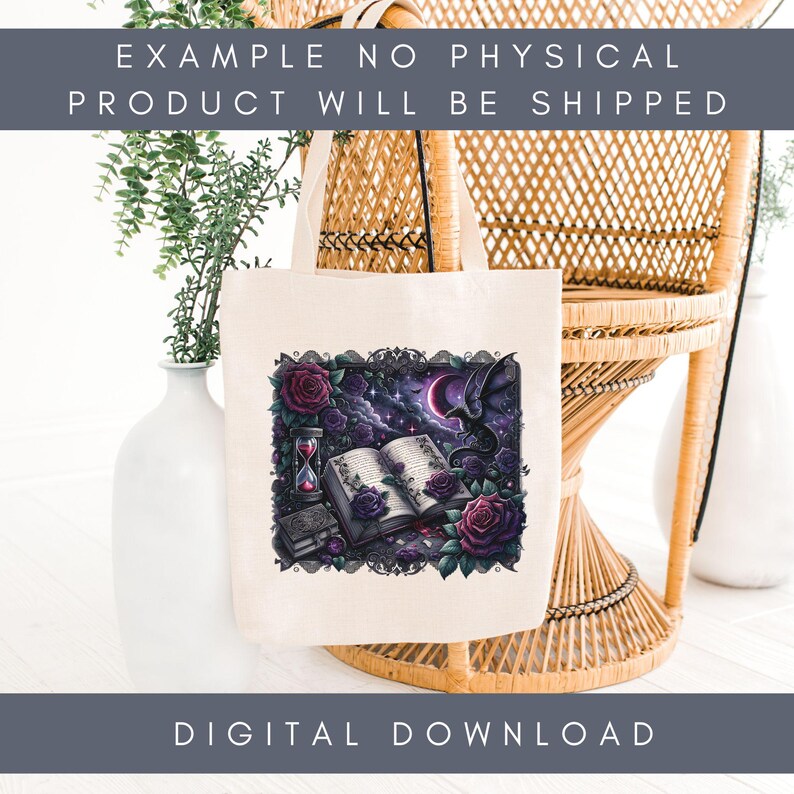K&ouml;nnte beinhalten: Eine wei&szlig;e Einkaufstasche mit einem Design aus einem Buch, einer Sanduhr, Rosen und einer Fledermaus, die vor einem Halbmond und einem sternenklaren Nachthimmel fliegt. Der Text "EXAMPLE NO PHYSICAL PRODUCT WILL BE SHIPPED" befindet sich oben im Bild. Der Text "DIGITAL DOWNLOAD" befindet sich unten im Bild.