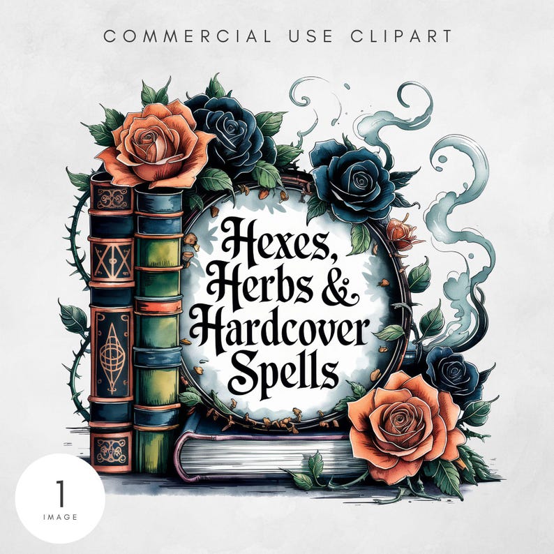 K&ouml;nnte beinhalten: Digitale Illustration mit dem Text "Hexes, Herbs & Hardcover Spells", umgeben von orangefarbenen und blauen Rosen. Links ein Stapel dekorativer B&uuml;cher. Das Bild hat ein Fantasy-Thema und ist f&uuml;r den kommerziellen Gebrauch geeignet.