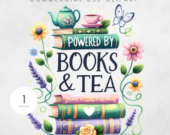 Books and Tea PNG, Cozy Clipart for Book Lovers, Vintage Tea Time Art, Sublimation Design for Journals, Digital Graphic For Bookish Gifts