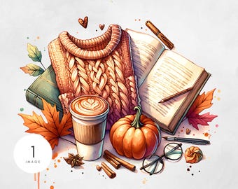 Bookish Fall Things PNG Cute Fall Book Lover Sublimation Digital Download Clipart Coffee and Books Digital Image for T-Shirts Book Club Art