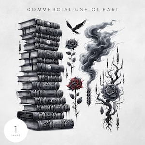 Puede incluir: Ilustración de estilo gótico con una pila de libros antiguos con cubiertas ornamentadas, rosas, humo, un cuervo y velas. El texto "COMMERCIAL USE CLIPART" está en la parte superior.