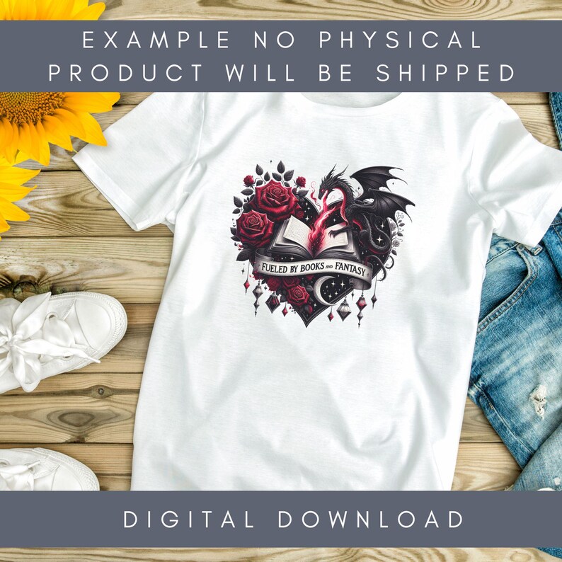 K&ouml;nnte beinhalten: Wei&szlig;es T-Shirt mit einem herzf&ouml;rmigen Design aus roten Rosen, einem schwarzen Drachen und einem offenen Buch. Das Design enth&auml;lt den Text "FUELED BY BOOKS AND FANTASY". Das T-Shirt ist ein digitaler Download.
