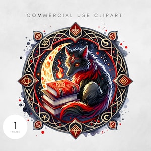 May include: A digital illustration of a black and red wolf with glowing eyes, sitting in front of a stack of red books. The wolf is inside a circular frame with a crescent moon and stars. The words "COMMERCIAL USE CLIPART" are at the top.