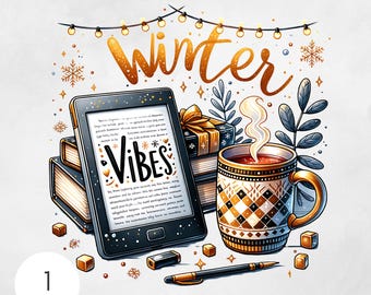 May include: A digital book reader with the text "Winter Vibes" on the screen, a stack of books, a mug of hot cocoa with steam rising from it, and a pen on a white background with gold glitter and snowflakes.