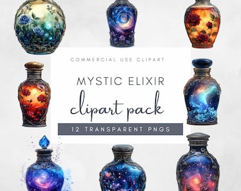 Elixir Clipart PNG Diseño Botellas de poción mágica Arte de brujería Alquimia Descarga digital Acuarela Suministros de artesanía para diarios Proyectos de bricolaje
